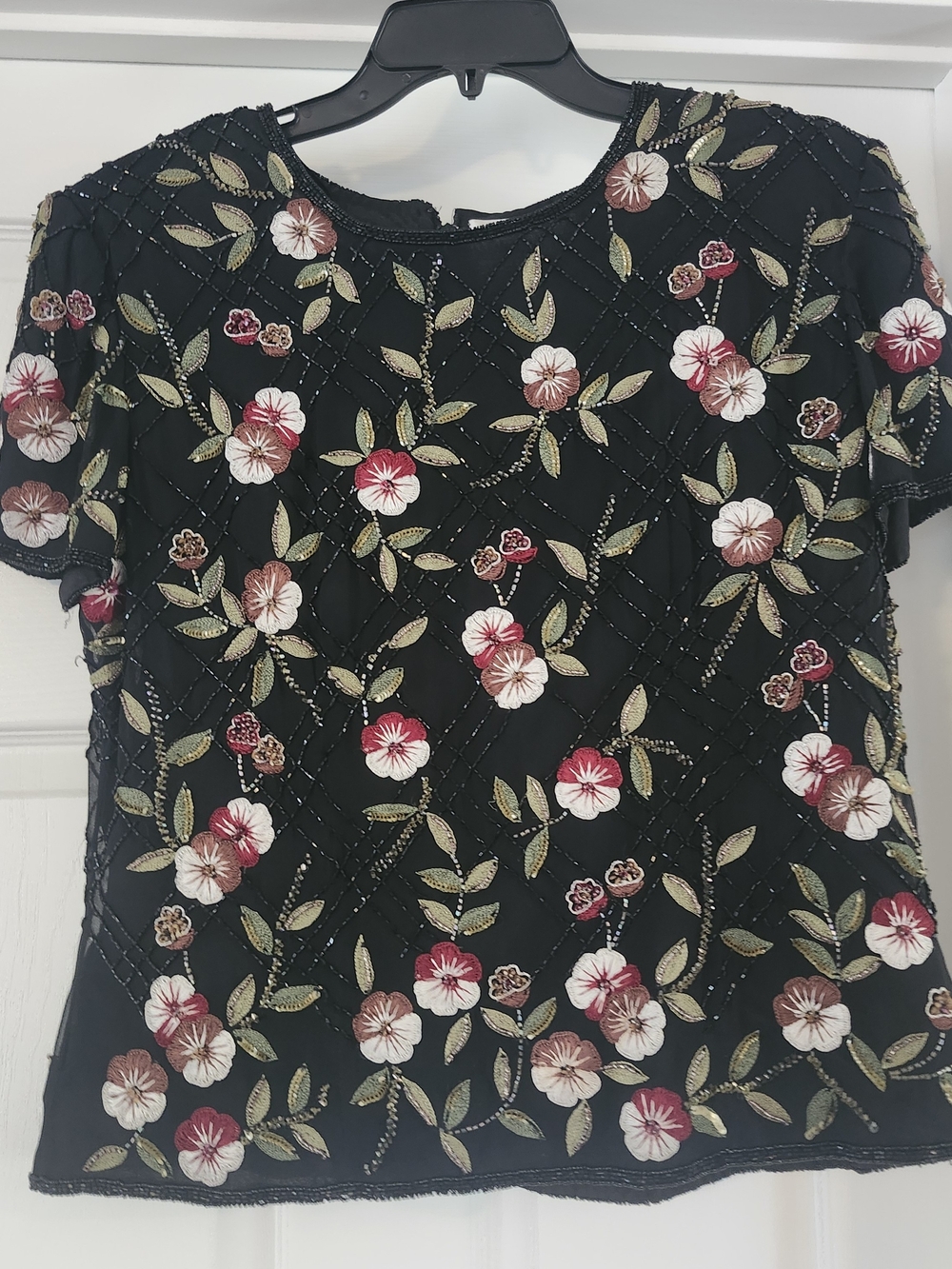 Papell Boutique Black Floral Embroidered Short Sleeve Top